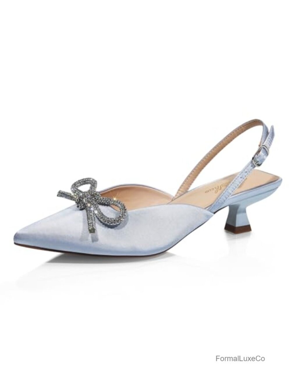 Kitten Heel Slingback Pointed Toe Pump with Rhinestone Bow